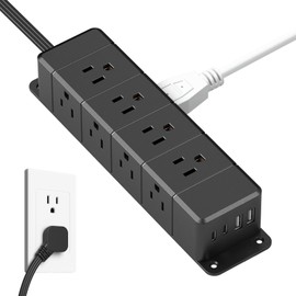 40W Fast Charging Under Desk Power Strip,12 Outlet Mountable Power Strip with 4 USB,1200J Surge Protection,10FT Flat Extension Cord Black
