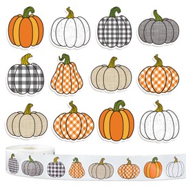 Whaline 1000Pcs Fall Thanksgiving Pumpkin Stickers Roll Pumpkin Shaped Decals Colorful Buffalo Plaid Pumpkin Pattern Self-Adhesive Sticker Autumn Sealing Labels for Fall Harvest Party Supply, 8 Design