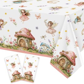 Heboland 2 Pack Fairy Party Table Cloth, 137x274cm Floral Mushroom Tablecloth Large Plastic Waterproof Flower Fairy First Table Cover for Girls Fairytale Garden Birthday Tea Party Decorations