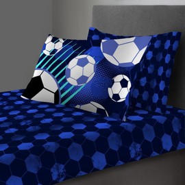 VELVETIO Luxury Kids Fitted Sheet with Matching Pillowcase, Boys & Girls Printed Football Bedsheet Single, Hypoallergenic Polycotton Soccer Bedding Sheet, Blue