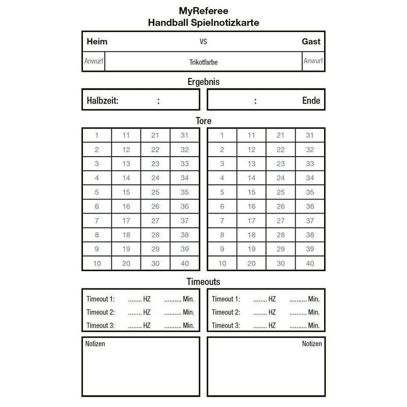 MyReferee Referee Game Note Cards Handball Seniors Pack of 100