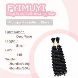 18Inch Deep Wave Bulk hair for Braid No Weft Deep Wave Bulk hair for Braiding Micro Faux Braiding Hair for Boho Braids Wet and Wave 18Inch,#1B