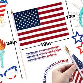 50 Pack American Flags on Stick, 12x18 Inch Bulk US Hand Held Wooden Stick Flags with Spear Top, 4th of July Independence Day Decorations for Outdoor Outside USA Decor