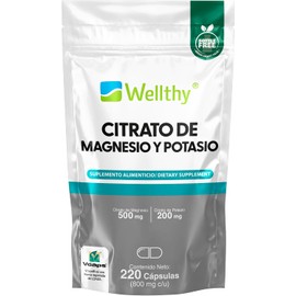 Wellthy Citrato de Magnesio y Potasio 220 Cápsulas. Tomar Sólo una Cápsula al día, Excelente fuente de Potasio y Magnesio, Cápsula Vegana, Bottle
