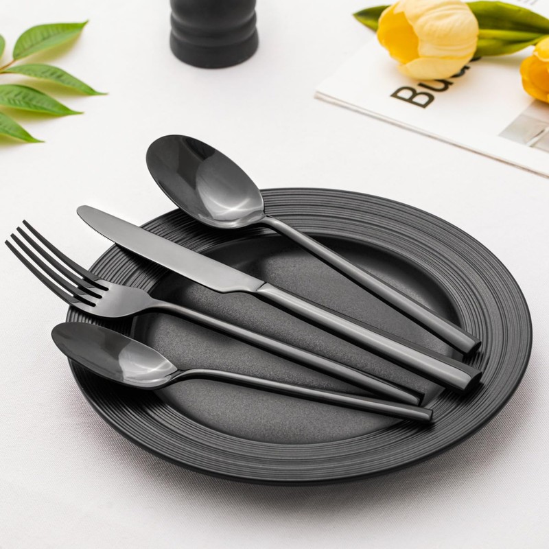 KINGSTONE Black Silverware Set, 20-Piece Forged Flatware Set Cutlery Set