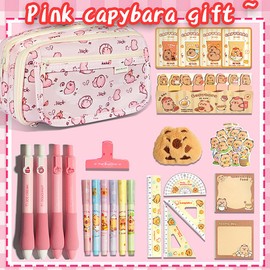 Melorumi Cute Pink Capybara Pencil Case Stationery Set Kawaii Pouch Gifts For Girls Kid Large Capacity Capibara Organizer Office School Supplies