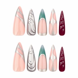 BABALAL Long Stiletto Press on Nails Brown Fake Nails Green French Glue on Nails 3D Ripple Design Sliver Chrome Acrylic Nails 24Pcs Handmade Y2k False Nails Manicure Vintage Almond Stick on Nails