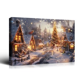 Christmas Gift Winter Wall Decor Snowy Village, Tree & Glowing Lights, Great for Festive Cheer & Home Christmas DecorColor: multi color, Size: 24*16 inch