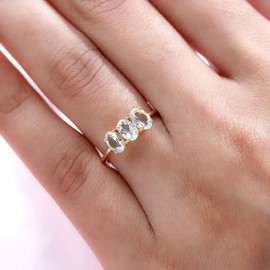 TJC Aquamarine Trilogy Ring In 14ct Gold Plated 925 Sterling Silver for Women Size N Prong Setting Blue Coloured March Birthstone