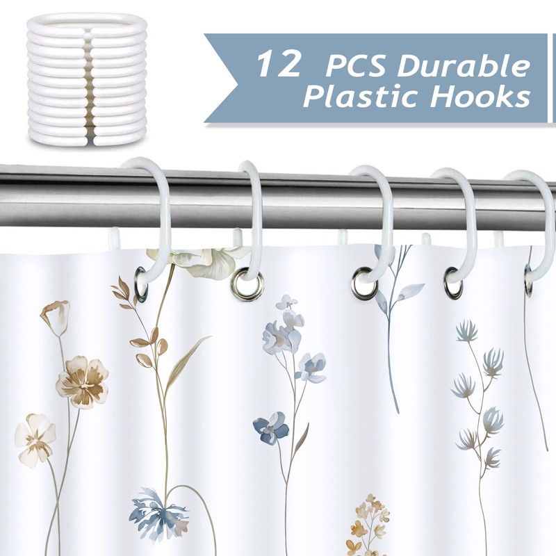 Bonhause Watercolor Floral Shower Curtain, Modern Minimalist Blue Beige Flower