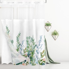 Tititex No Hooks Snap in Liner Aesthetic Blooming Floral Shower Curtain Sets, Hotel Luxury Double Layers Waterproof Fabric & See-Through Top Window Bathroom Decorative 72x78 Inch