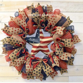 Patriotic Rustic Burlap Star Wreath, 4th of July wreath, Burlap Deco Mesh Wreath (2044)