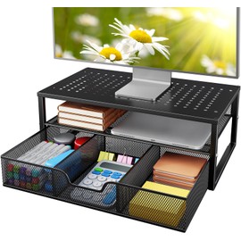 HUANUO 2-Tier Metal Monitor Stand Riser, Desk Organizer with Drawer & Shelf, Computer Stand Riser with Ventilated Panels for Laptop, Printer, Office Desk Accessories Storage, Black