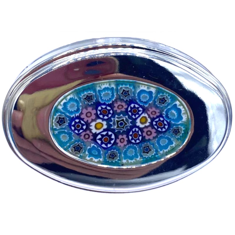 Dekorative Pillendose aus Metall mit Blumenmosaik, Murano-Design, Blau und Rosa,