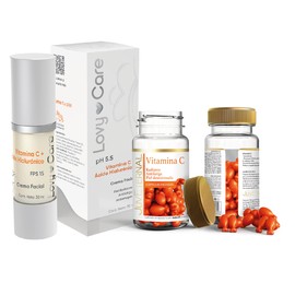 Duo Crema facial Vitamina C+ácido hialurónico Lovy Care | 30 ml |pH 5.5 | + Cápsulas faciales Vitamina C Juveternal |90 caps | Piel radiante| piel antifatiga | piel desestresada |