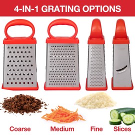 4-Sided Stainless Steel Handheld Box Cheese Grater- 2 Attachable Storage Containers w Built-In Measurements & Lids- Mess-Free Shredder & Slicing- Non-Slip Base w Soft Grip Handle- XMAS Holiday Cooking