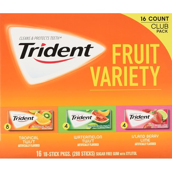 Trident Fruit Variety Pack Sugar Free Gum, 14 Count, Pack of 20