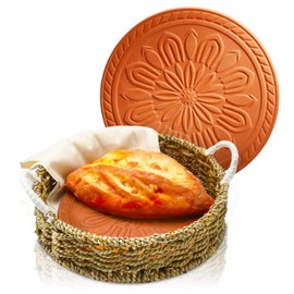 9.5 Inch Bread Warmer Basket and Terracotta Stone with 2 Pcs Cotton Towel Rustic Mexican Tortilla and Bread Warmer for Pancake Taco Roti Muffins Housewarming Gift Bakers Gift for Kitchen
