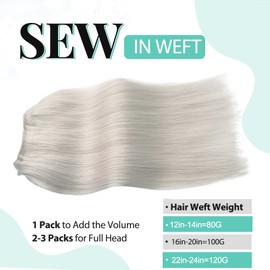 Platinum Silver Human Hair Weft Extensions, Sew in Human Hair Extensions 20 Inch Straight Hand Tied Weft for Women Remy Human Hair Double Weft Hair Extensions One Piece 100g