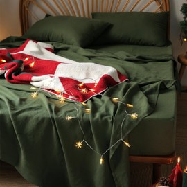 XZ XIFA King Moss Green Linen Bed Sheet Set, 100% French Flax, 175 GSM, 1 Flat, 1 Fitted, 2 Pillowcases, Deep Pocket, Washed, Organic, Cooling, Softens with Wash