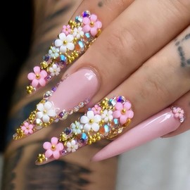 Rchovsam xl Pink Nails Press ons Long Almond Tip Press on Nails Valentines Floral With Diamond Design Fake Nails Artificial Full Cover False Nails Gift for Womens 24pcs