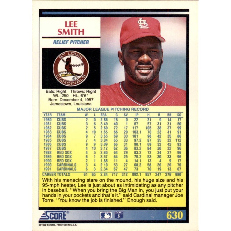 1992 Score Baseball Card #630 Lee Smith