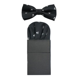 Men's Bowtie & 6cm Narrow Necktie & Pocket Squares 3 in 1 Sets - Silver Skull Pattern Black