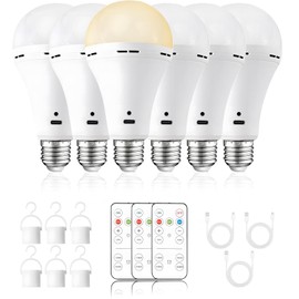 Scheinenda USB Rechargeable Light Bulbs with Remote and Timer, 3 Color Temperatures Dimmable Battery Operated Light Bulb, A21 2000mAh Battery Powered LED Bulb for Power Outage Camping, 6 Pack