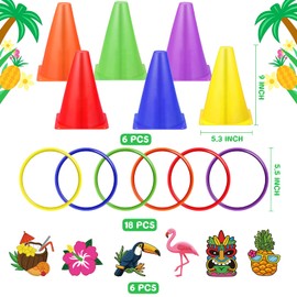 Hawaii Ring Toss Game Set, Luau Party Tossing Game with 6 Plastic Cones, 18 Colorful Rings, Beach Lawn Games for Kids Adults, Hawaiian Tiki Party Supplies Indoor Outdoor Family Activities (Hawaii)