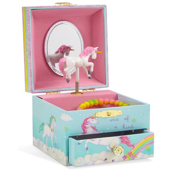 Jewelkeeper Unicorn Jewellery Box for Girls with 1 Pull-out Drawer, Blue Rainbow Unicorn Design Music Box, The Beautiful Dreamer Tune, Kids Jewellery Box for Girls Birthday Presents