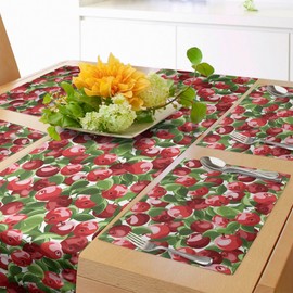 Ambesonne Fruits Table Runner & Placemats, Red Apples and Green Leaves Seasonal Food Garden Harvest Eating Clean Theme, Set for Dining Table Decor, Placemat 4 pcs + Runner 16"x72", White Green and Red