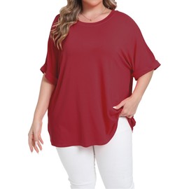 Gocolloa Womens Plus Size Oversized T Shirts Summer Half Sleeve Crew Neck Tops Casual Tunic Blouse Wine Red 1X