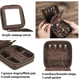 Contacts Leather Jewelry Box Travel Jewelry Storage Organizer for Men Portable Case for Cufflinks Ring Necklace Earrings with Mirror, Square+mirror, Coffee