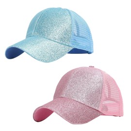 FIBOUND Baseball Cap, Glitter Ponytail Baseball Cap, Summer Sun Hat, High Bun Messy Ponytail Sun Hat, Adjustable Mesh Hat for Sports, Holiday, Beach and Daily Activities, Blue, pink