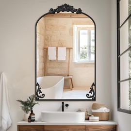 Vintage Wall Mirror, 24"x36" Arched Mirror for Vanity, Antique Decorative Mirrors with Carved Metal Frame for Bedroom, Living Room, Entryway, Fireplace, Hallway, Black