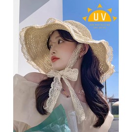 Women Floppy Lace Straw Hat Summer Wide Brim Sun Hat Sun Protection Windproof Beach Hat for Vacation, Travel (Beige)