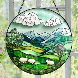 Zizzie Stained Glass Mountain Sheep Suncatcher - 7.9" Real Glass Pastoral Landscape Window Hanging, Weatherproof Farmhouse Cottagecore Decor, Peaceful Nature Gift for Mom Women Home