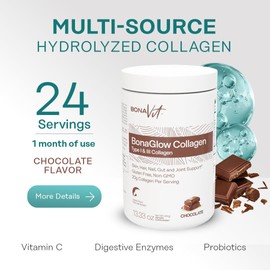 Bonavit BonaGlow Multi-Collagen Powder Types I, II, III, V & X from 4 Natural Sources – Supports Skin, Hair, Nails, Joints & Digestion (Chocolate)