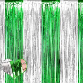 4 Pack 3.2Ft x 9.8Ft Silver Green Fringe Curtain Backdrop, Metallic Tinsel Foil Fringe Streamers Curtains Background for Photo Booth Birthday Wedding Mardi Gras Carnival Party Decorations