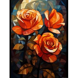 Rose Flower Orange Roses Stained Glass DIY Diamond Painting, Paint by Numbers for Beginners, Full Round Diamond Art Kits for Room Decor and Living Room Decor 12x16inch