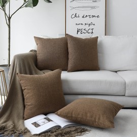 Home Brilliant Sofa Cushion Covers Burlap Faux Linen Square Pillows Cushion Cover for Bench, Set of 4, 45 x 45cm, 18 inch, Brown