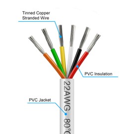 50FT 22 Gauge Wire 6 Conductor, 22AWG Electrical Wire, 22/6 Oxygen Free Stranded Tinned Copper Wire, Insulated Low Voltage Cable for LED Lamps Lights Automotive
