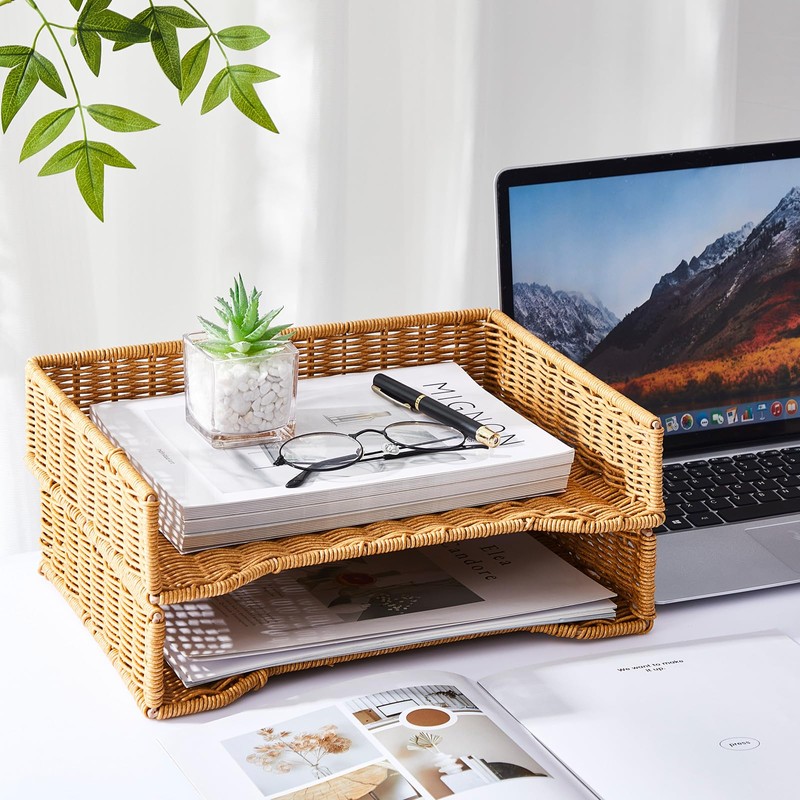 Yeaqee 2 Pcs Paper Tray Organizer for Desk Woven Letter