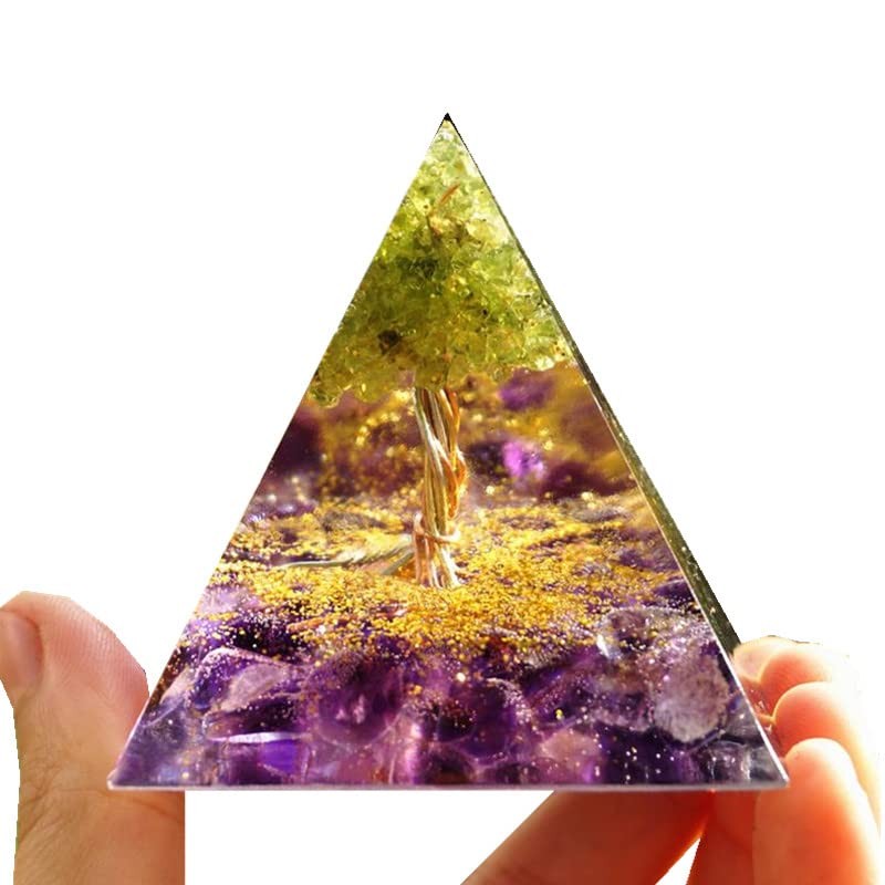 Tree Orgonite Pyramid with Positive Reiki Energy Generator Amethyst Peridot