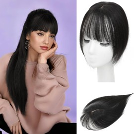 OLLAVO Hair Toppers for Women Real Human Hair, 360°3D Bangs Clip Human Toppers for Women with Thinning Hair Realistic Scalp Line (1B, 3D French Bangs(11 * 7))
