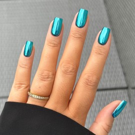 Mirror Metal Teal Blue Press on Nails Medium Short Square Chrome Glazed Short Gel Nails Press ons Shiny Plating Nails Acrylic Nails Reusable Thick Fake Nails for Women Glue on Nails Medium Length