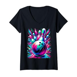 Womens Colorful Bowling Cute Colorsplash Ball V-Neck T-Shirt