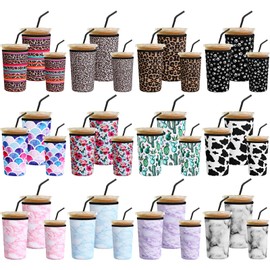 36 Pack Reusable Iced Coffee Sleeves Neoprene Insulator Cup Sleeve for Cold Drinks Beverages Coffee Cup Sleeves Reusable for Hot Cold Drink, 12 Styles