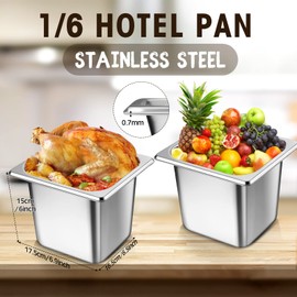 Baderke 4 Pack Stainless Steam Hotel Pans with Lids, 1/6 Sixth Size x 6 Inch Deep, 0.7 mm Thick 304 Stainless Steel Hotel Pan Anti Steam Table Pan for Food Warmer Cooking Heat