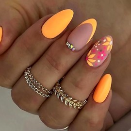 Long Almond Press on Nails,Apricot Yellow Solid Color Fake Nails,French Tip False Nail with Colorful Flowers Designs,Matte Artificial Nails Glue on Nails,Reusable Stick on Nails for Women 24Pcs